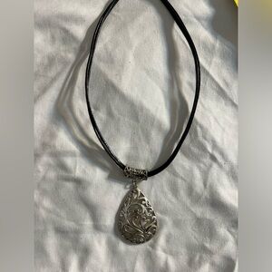 Roman Marked RMN signed Vintage Silver Tone Pendant & Black Cord 16" Necklace